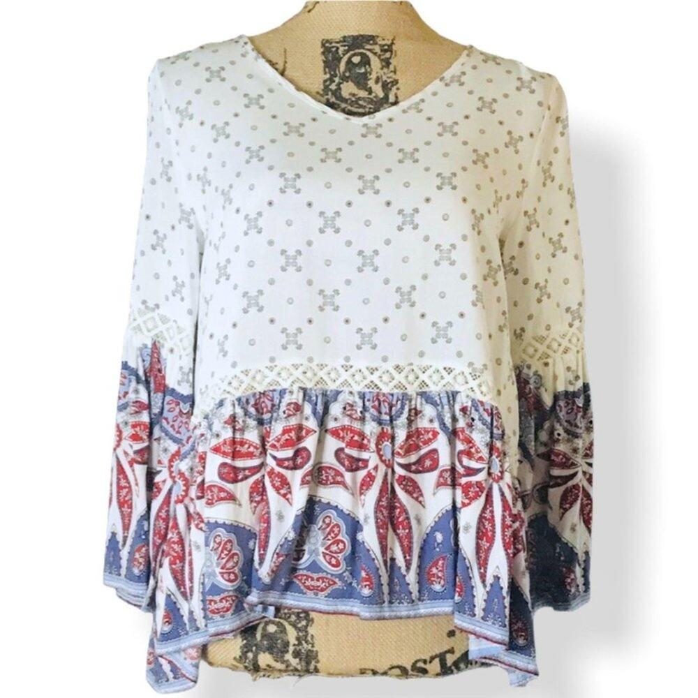 Umgee Printed Bell Sleeve Top with Back Cutouts Small White Blue